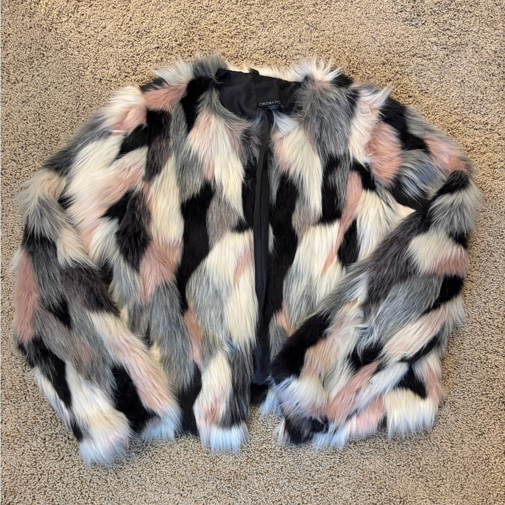 Cynthia Rowley Pink Black White Faux Fur Coat - Picture 4 of 8